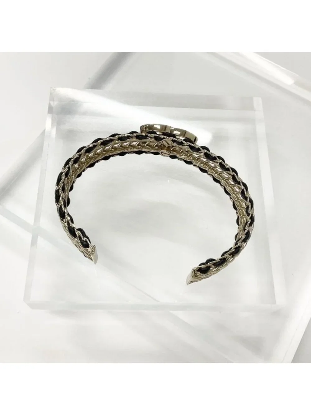 Chanel CC Logo Bangle Rhinestone Leather Bracelet Gold